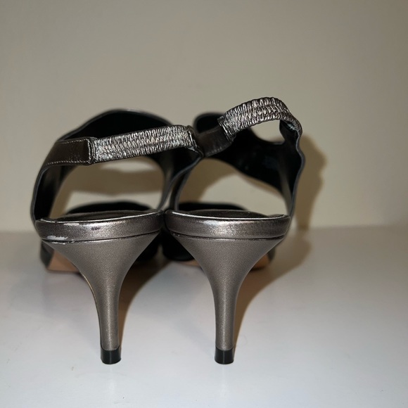 Brian Atwood black/gray metallic leather kitten heel Slingback shoes Sz 10 - Picture 6 of 8